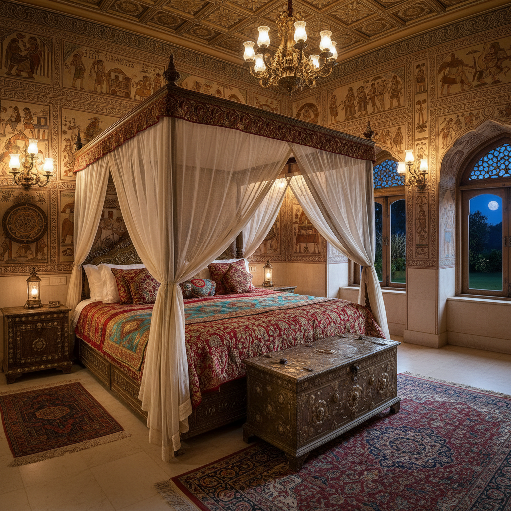 Opulent palace suite interior with gilded four-poster bed, rich crimson drapes, ornate Rajput ceiling frescoes, dim warm candlelight
