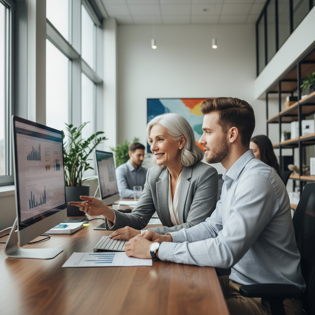 Senior professional mentoring younger colleague in bright modern office with whiteboard and documents