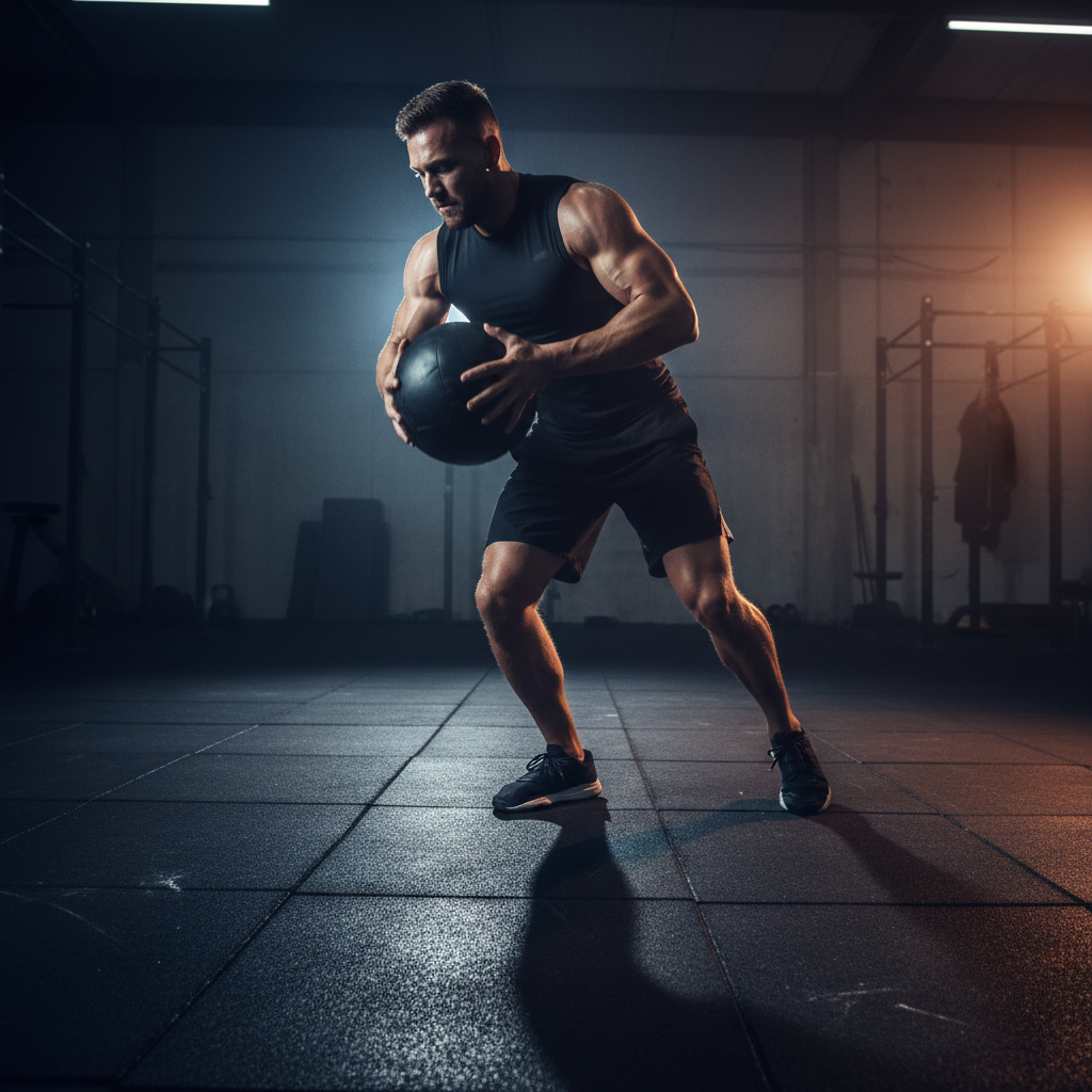 Athlete performing explosive rotational drill on dark training surface, low-angle dramatic lighting, deep shadows