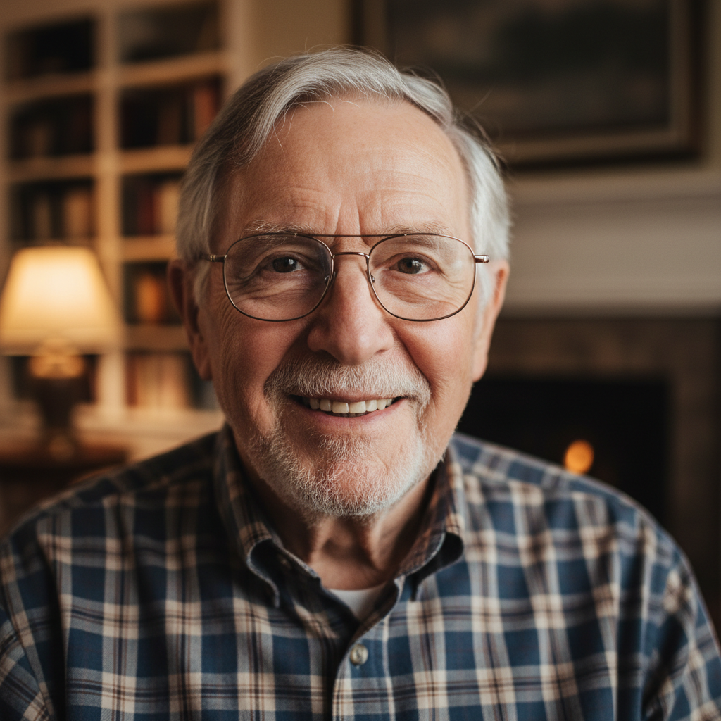 Robert Chen, a 67-year-old man with salt-and-pepper hair and glasses, wearing a button-down shirt, photographed in warm indoor light with a friendly expression
