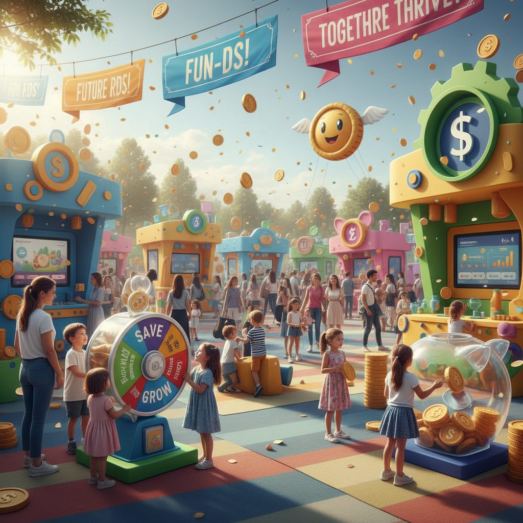 Niños y familias visitando feria interactiva sobre ahorro y cooperativismo con stands coloridos
