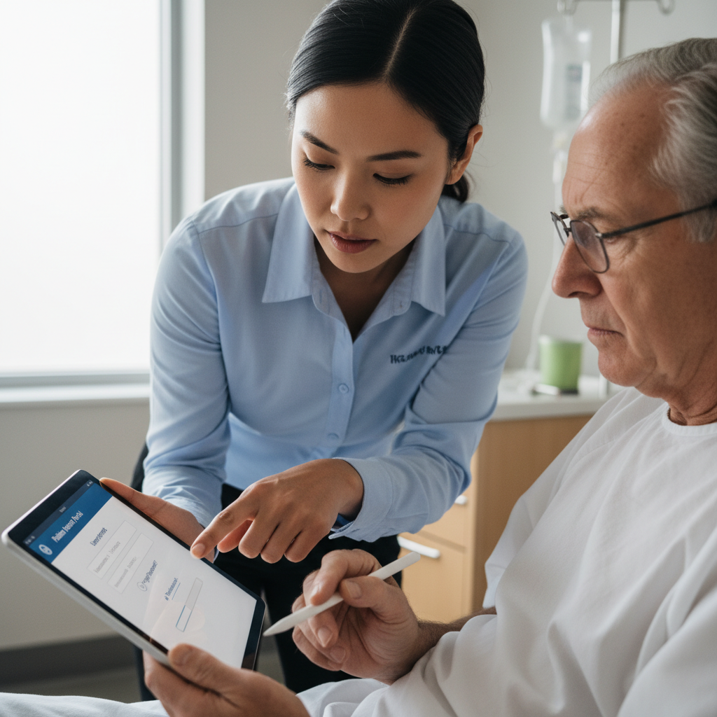 Telehealth support specialist assisting a patient with virtual visit setup and technical troubleshooting on a computer