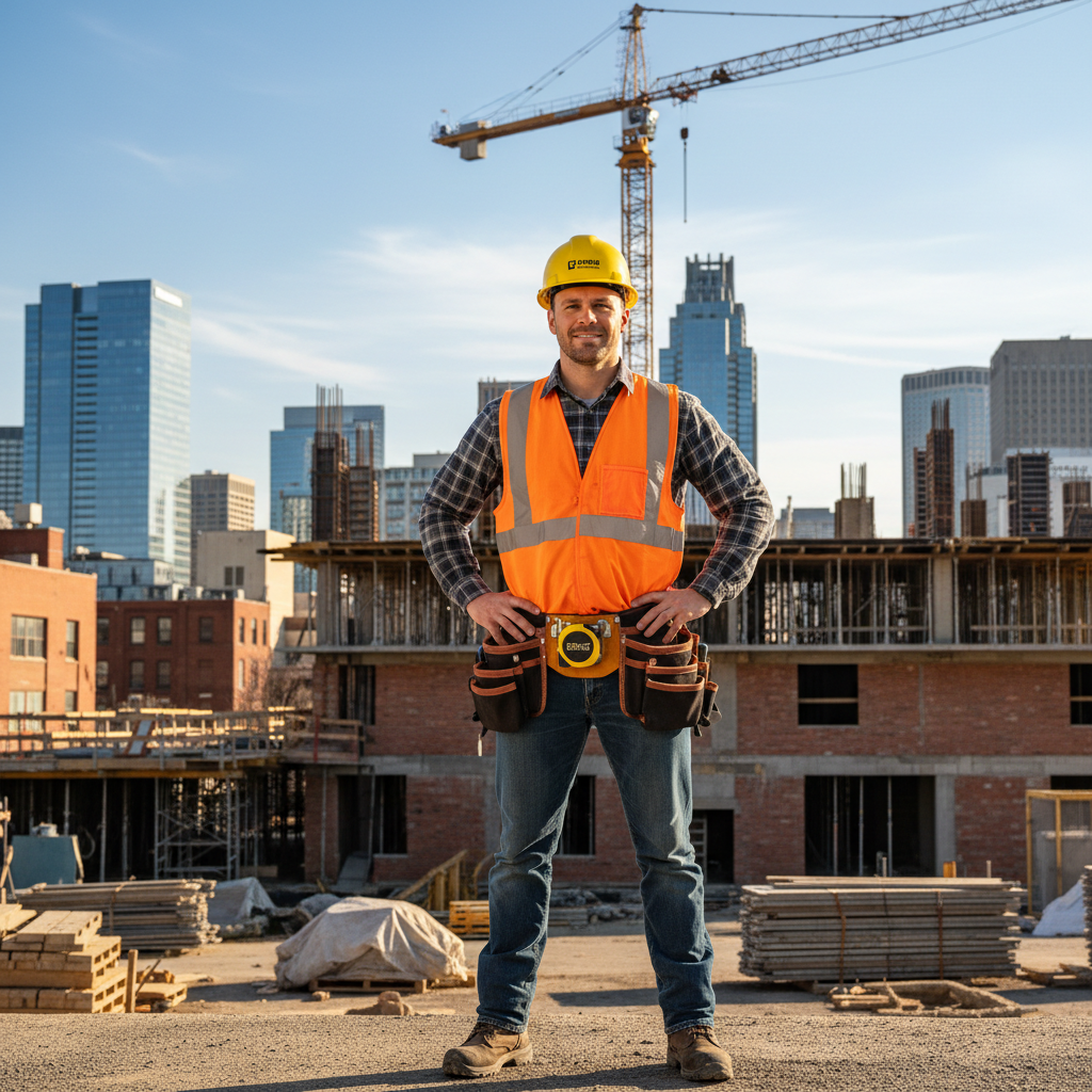 Construction worker in full PPE including hard hat, safety vest and gloves working on site, natural candid photograph, dim industrial environment