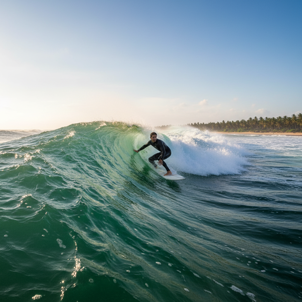 Arugam Bay surf break Ampara Sri Lanka, perfect right-hand wave, surfers in water, golden sandy beach