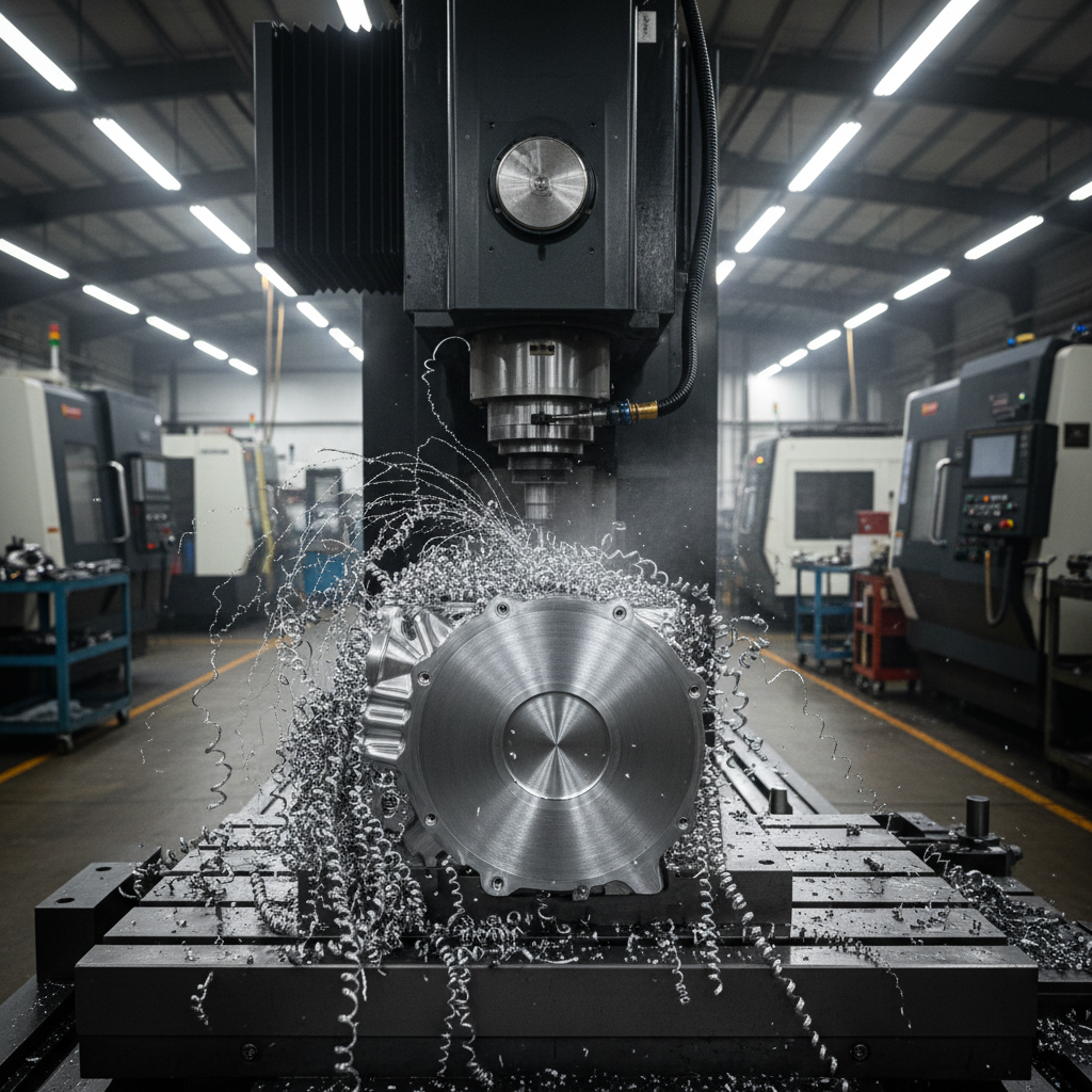 CNC machining center with rotating spindle cutting steel workpiece, bright workshop lighting, metal shavings