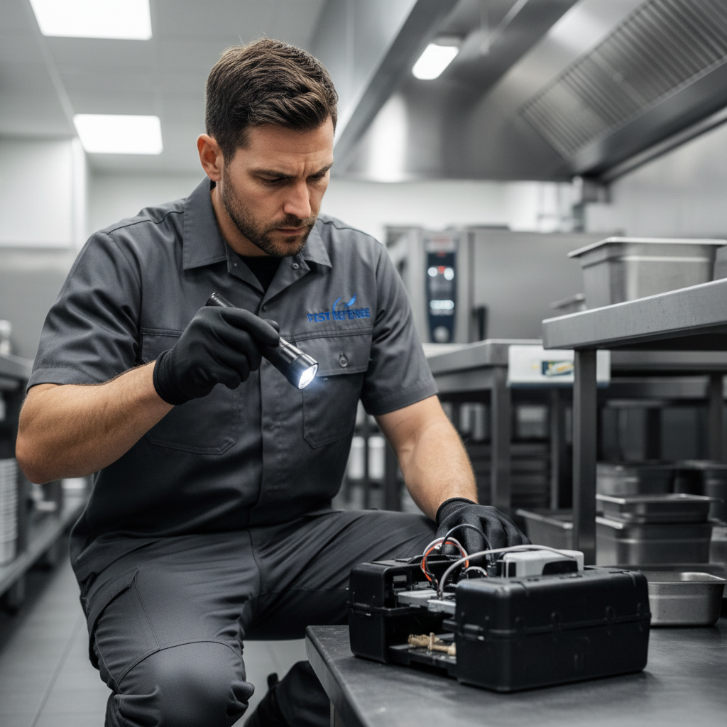 Marcus Okafor, senior rodent specialist in work uniform with serious professional expression