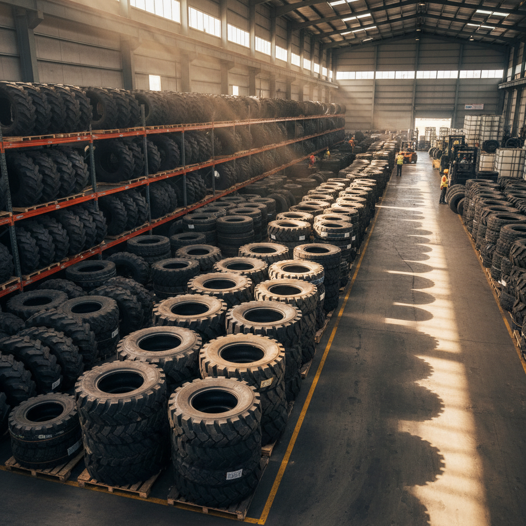 Thai Industrial Tyres warehouse showing large inventory of wholesale tires stacked for export