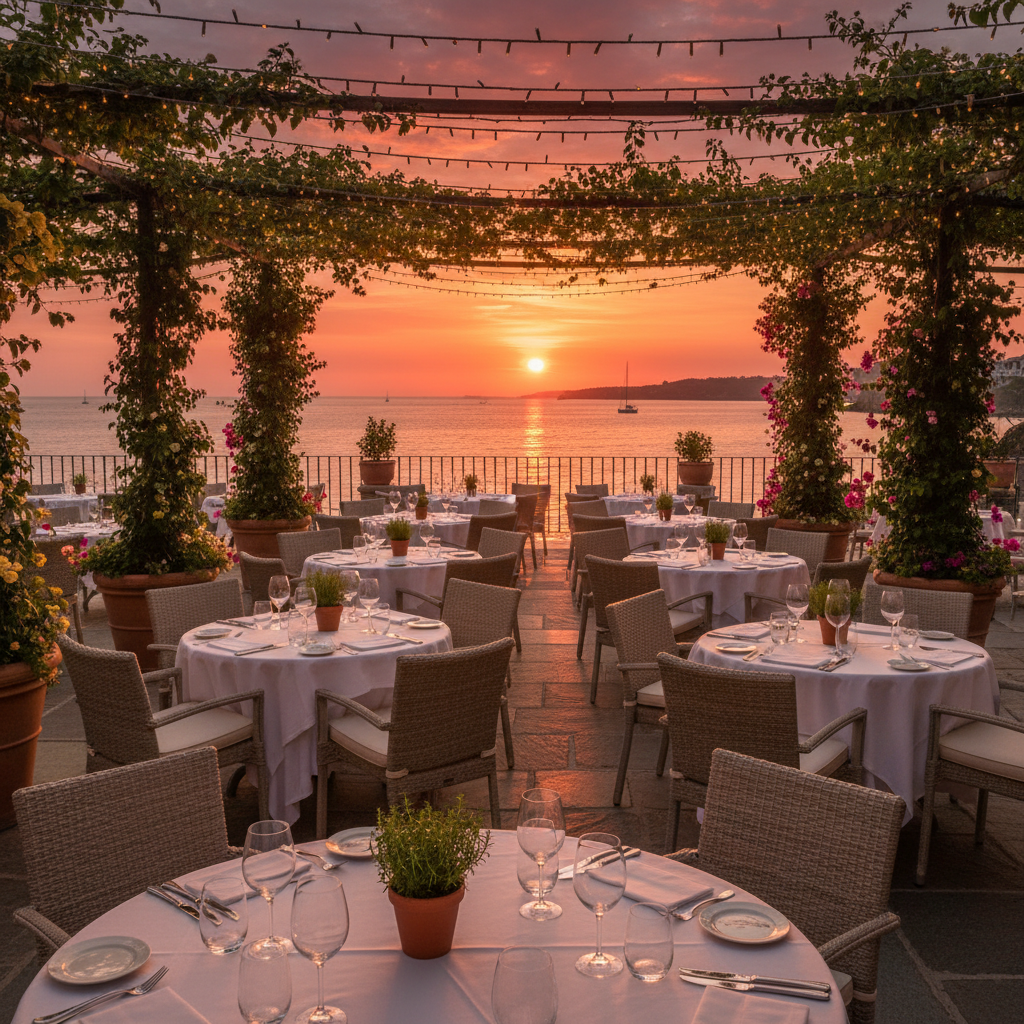 Warm verlicht restaurant terras met gedekte tafels en sfeervolle verlichting in de avond