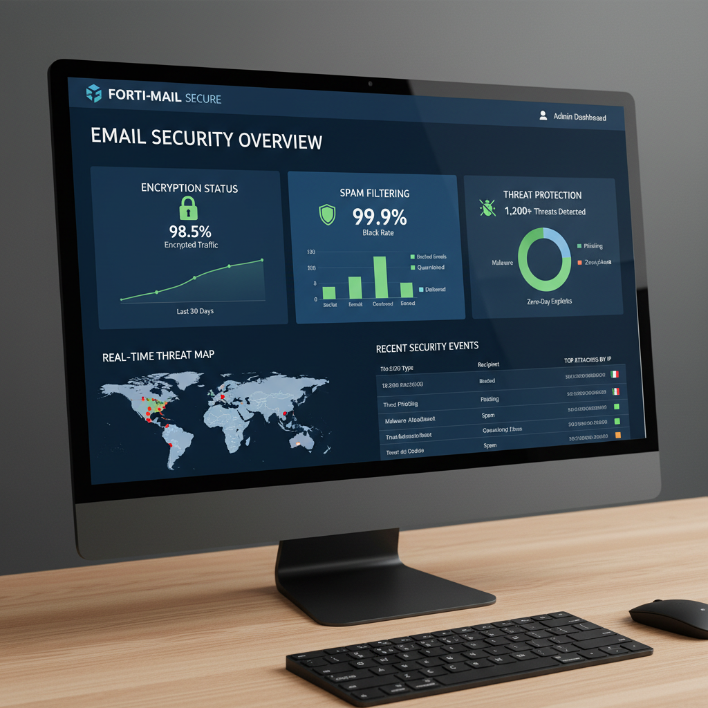 Enterprise-grade email security dashboard showing encryption status, spam filtering, and threat protection metrics