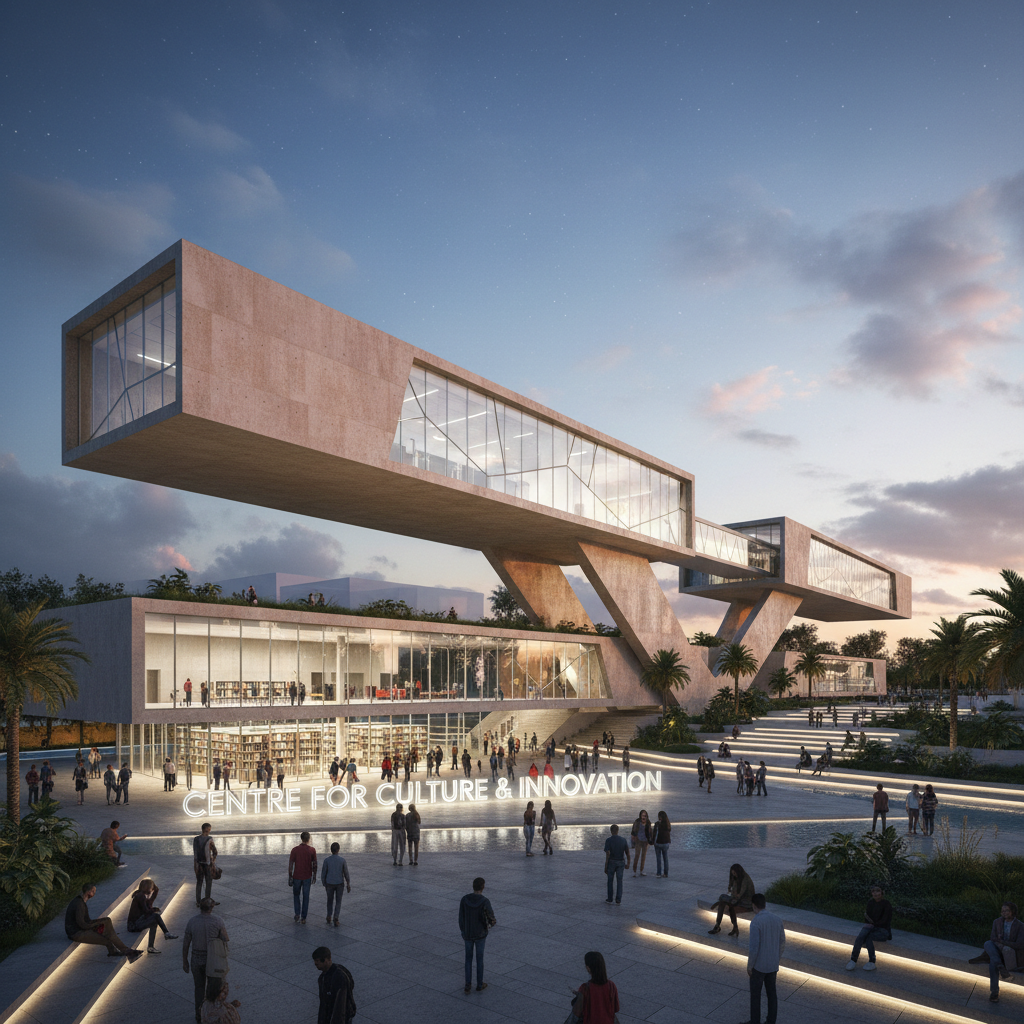 Unbuilt cultural center concept with cantilevered volumes over public plaza at twilight