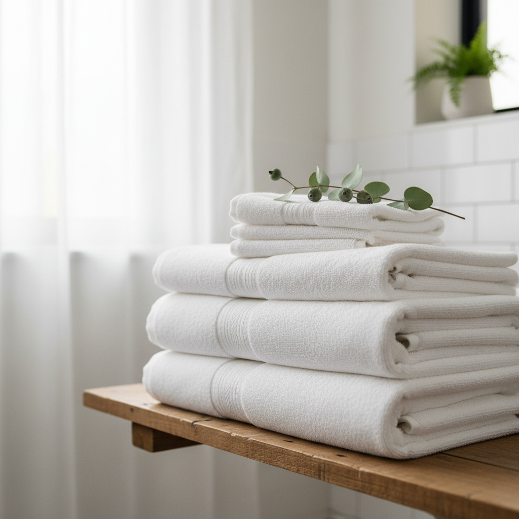 Freshly folded white towels stacked neatly with eucalyptus leaves