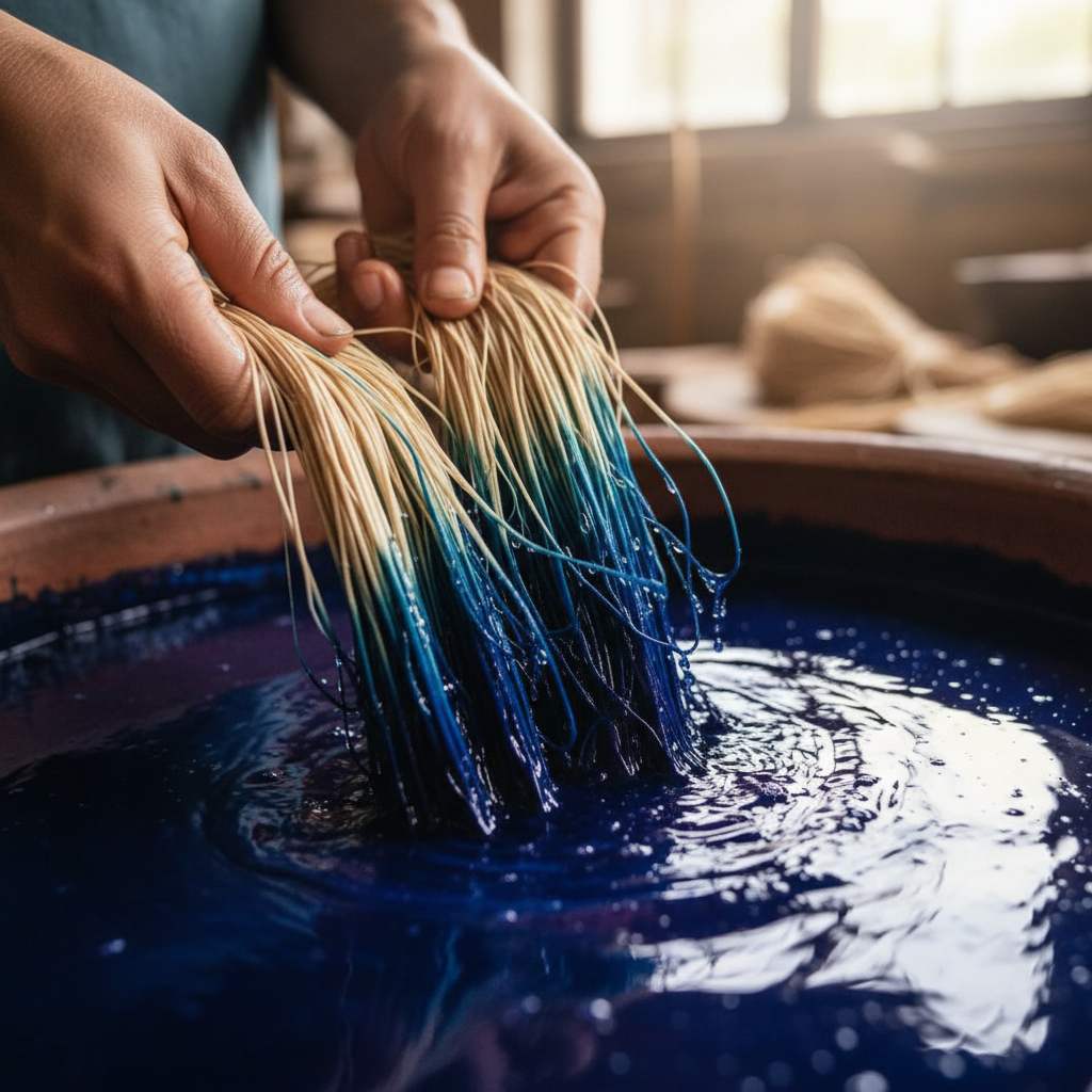 Hands dipping raffia into indigo dye bath showing color transformation