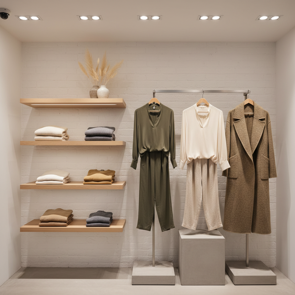 ClothingCo boutique interior, warm afternoon light, neatly displayed garments on minimal white shelving, welcoming atmosphere