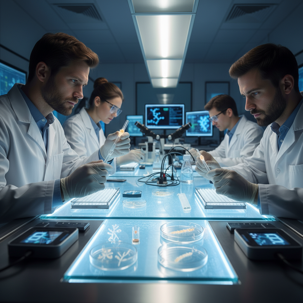 Research scientist in white lab coat working in modern clinical laboratory with dark surfaces, blue LED lighting, and sterile precision instruments