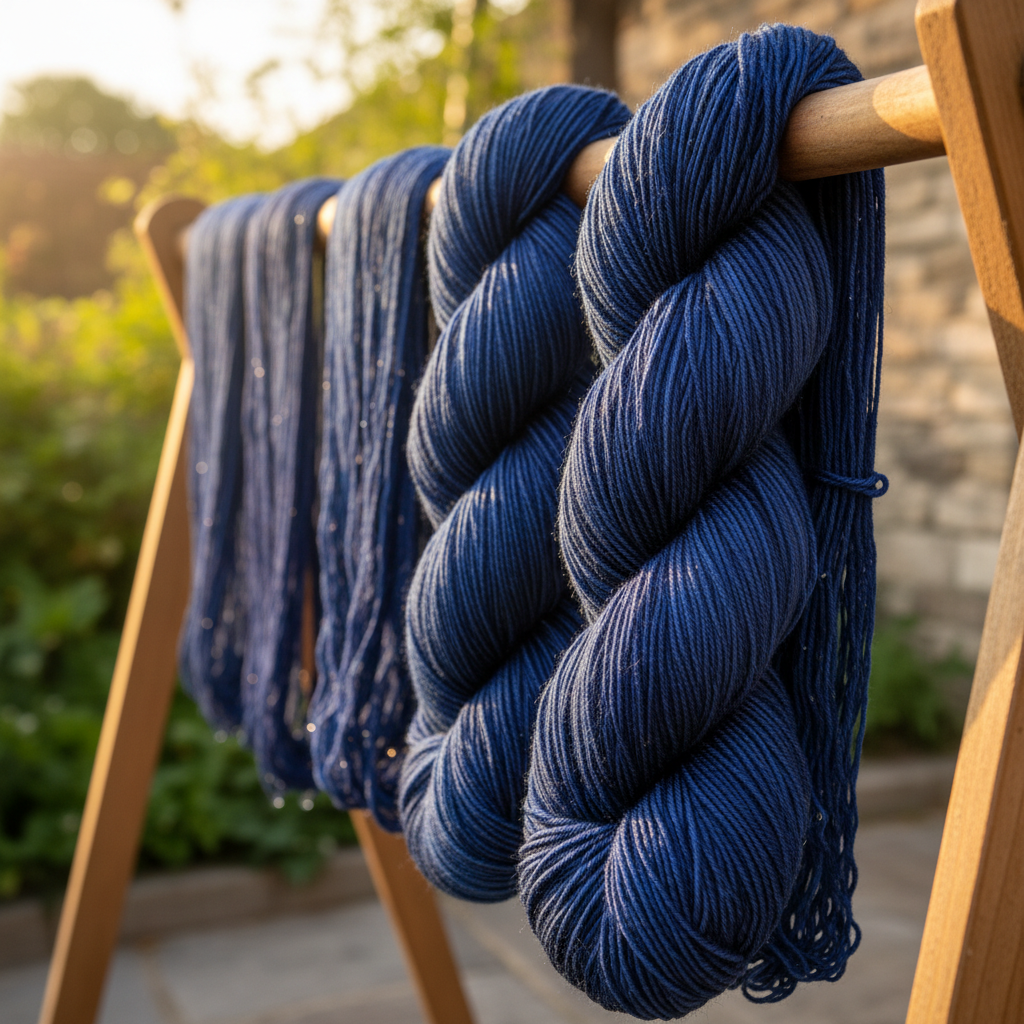 Skein of hand-dyed indigo yarn in deep blue tones drying on wooden rack in afternoon sunlight