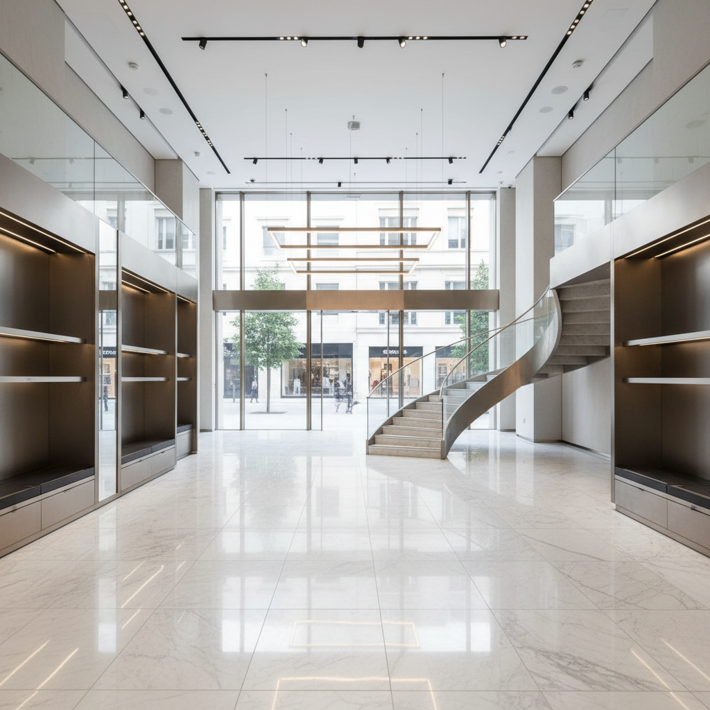 Empty premium retail space with marble floors and double-height ceilings in luxury shopping district