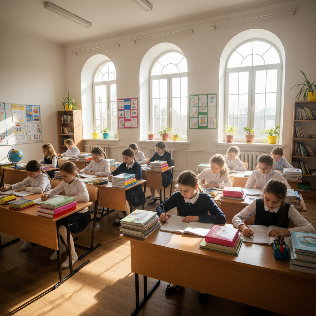 Young girls in school uniforms studying together at desks, bright classroom, natural light, books open