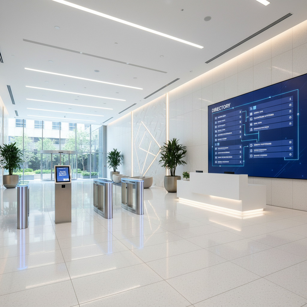 Modern commercial building lobby with card reader access control panel, brushed steel and glass interior