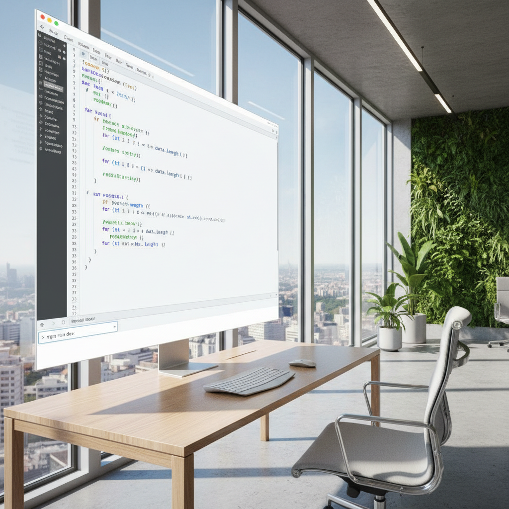 Bright clean code editor with loop logic visible, open airy developer environment, daylight