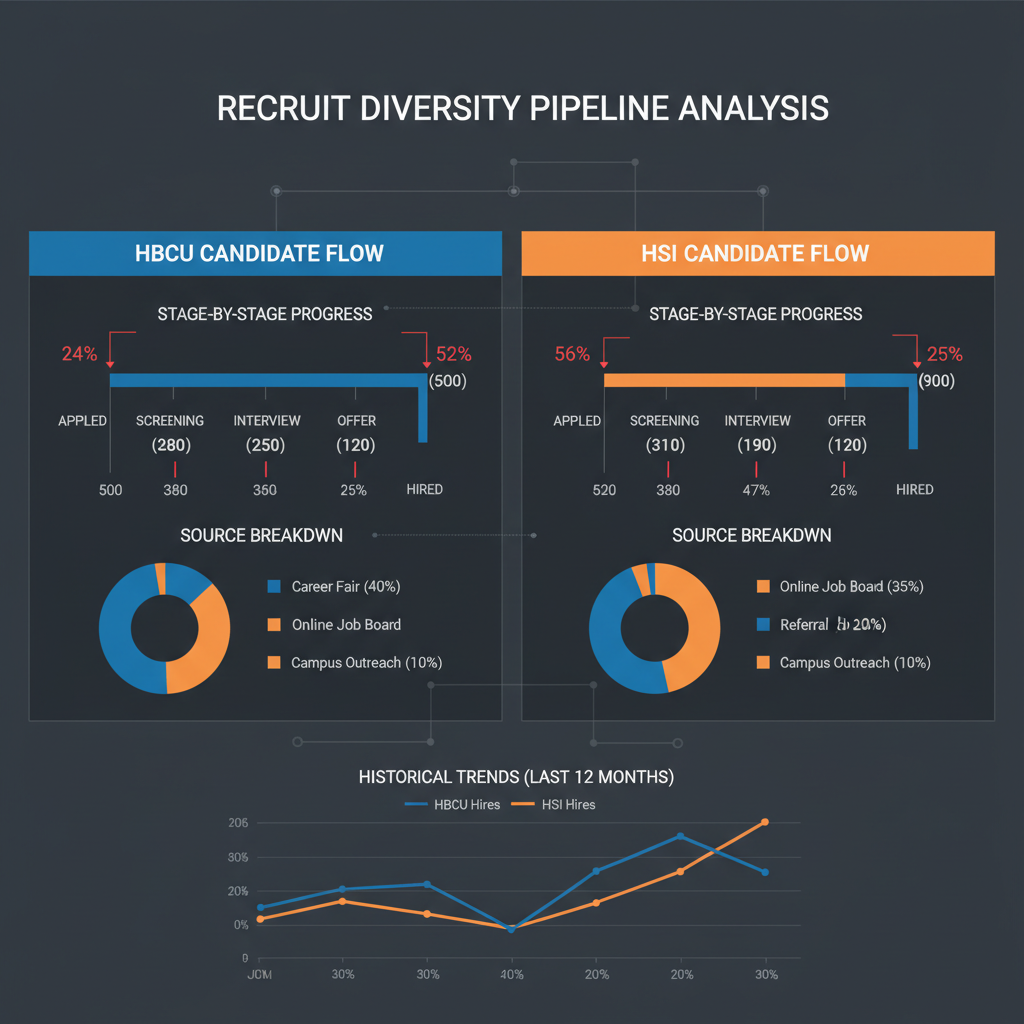 Recruit diversity pipeline dashboard showing HBCU and HSI candidate flow with stage-by-stage drop-off analysis