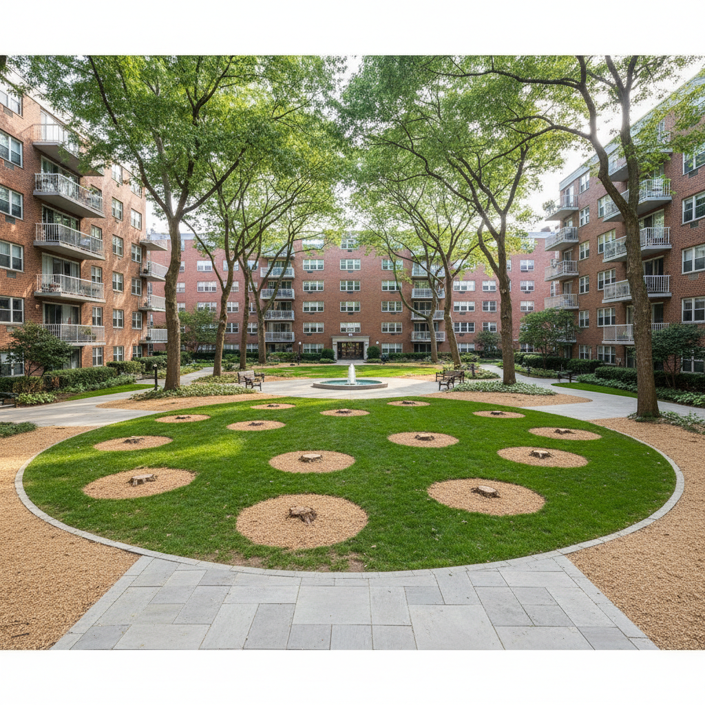 Smooth clean Queens co-op courtyard after all 11 stumps ground flush to grade with no debris remaining