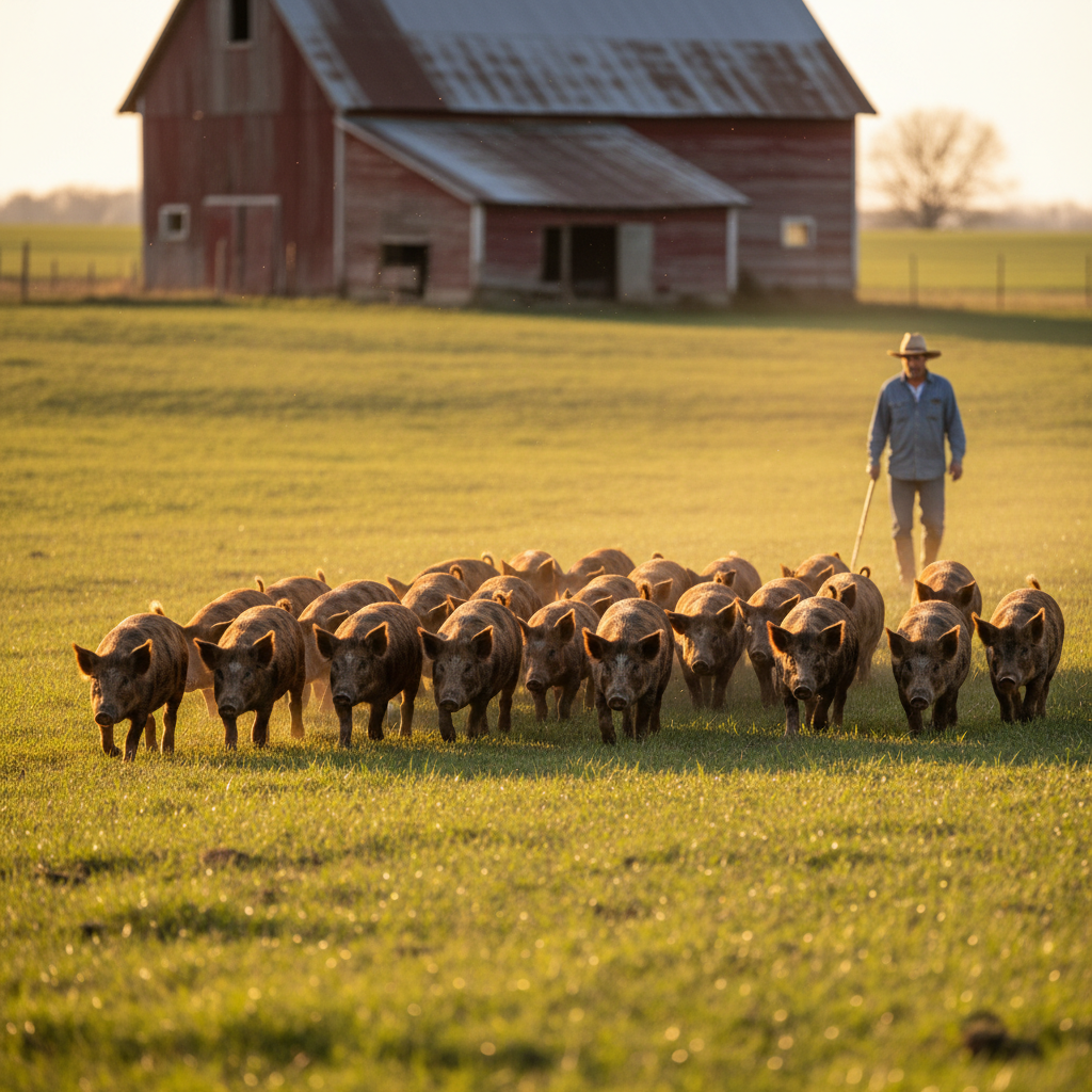 Herd of spotted hogs crossing an open golden-hour pasture with a weathered red barn soft-focused in the background and a farmer walking behind them