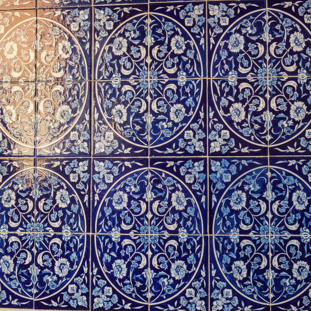 Vibrant Iznik ceramic tiles with intricate blue and white floral patterns, glaze catching the light