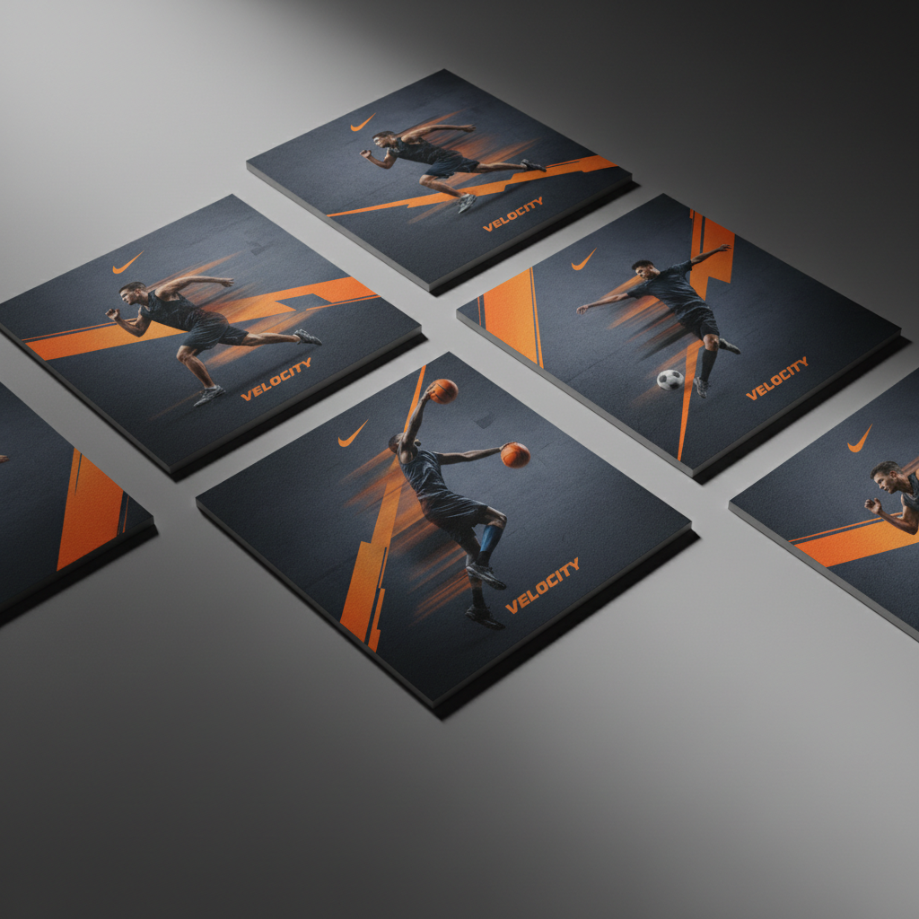 Dynamic sports reel with motion blur, athlete in action, dark dramatic lighting, high energy composition