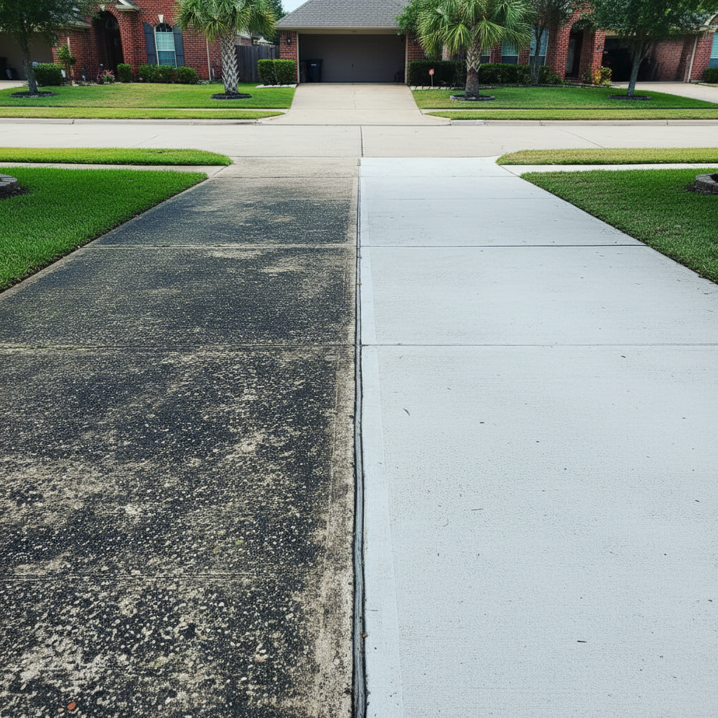 Before and after comparison of a Houston residential driveway showing half covered in black mold staining and half restored to clean white concrete
