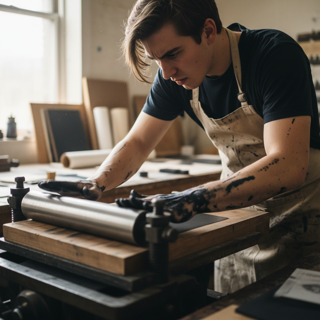 Art student with ink-stained forearms working intently over a printmaking press, motion blur on hands, concentration absolute