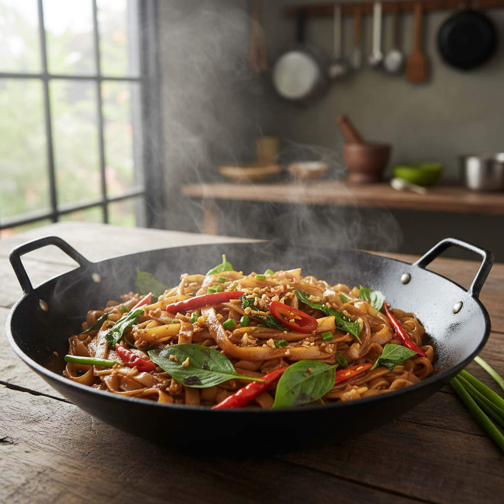 Drunken Noodles in a wok with holy basil and bird's eye chili