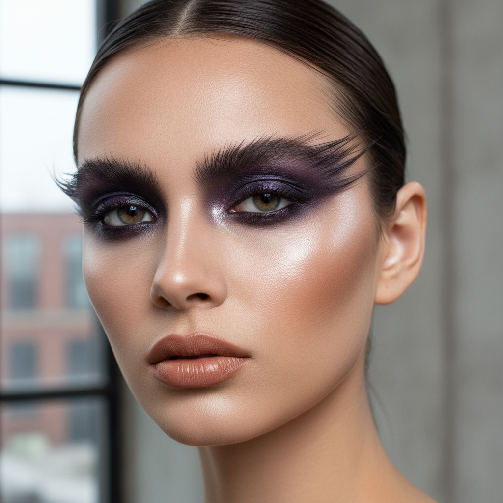 High fashion editorial makeup with dramatic smoky eye and sculptural highlight on cheekbones