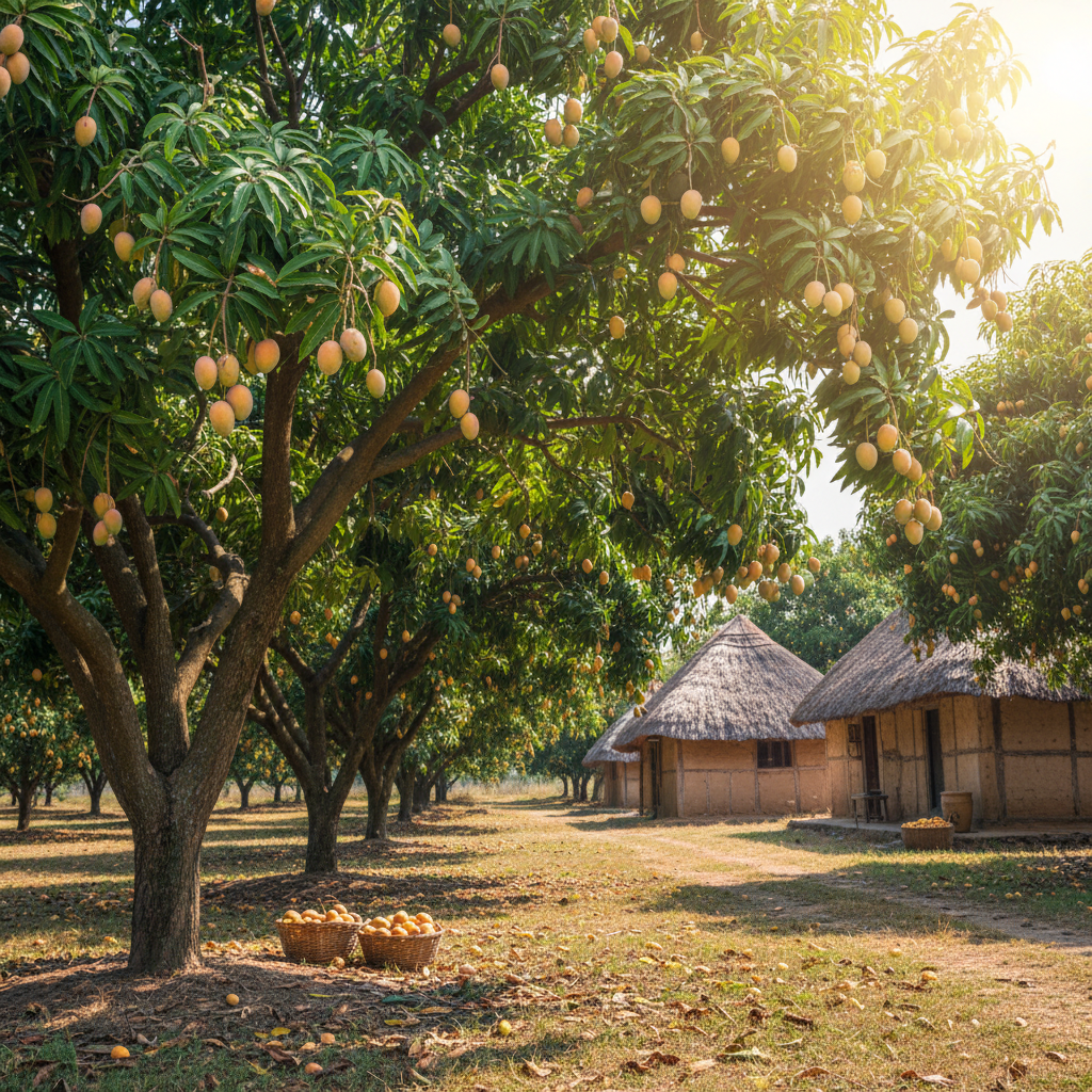 Summer season at Omer Cottage featuring ripe mangoes hanging from orchard trees with bright sunlight and traditional cottage architecture in background