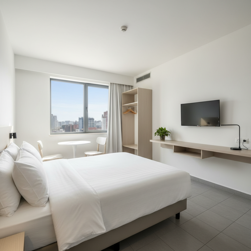 Clean comfortable hotel room with white bedding, natural light, and simple modern decor