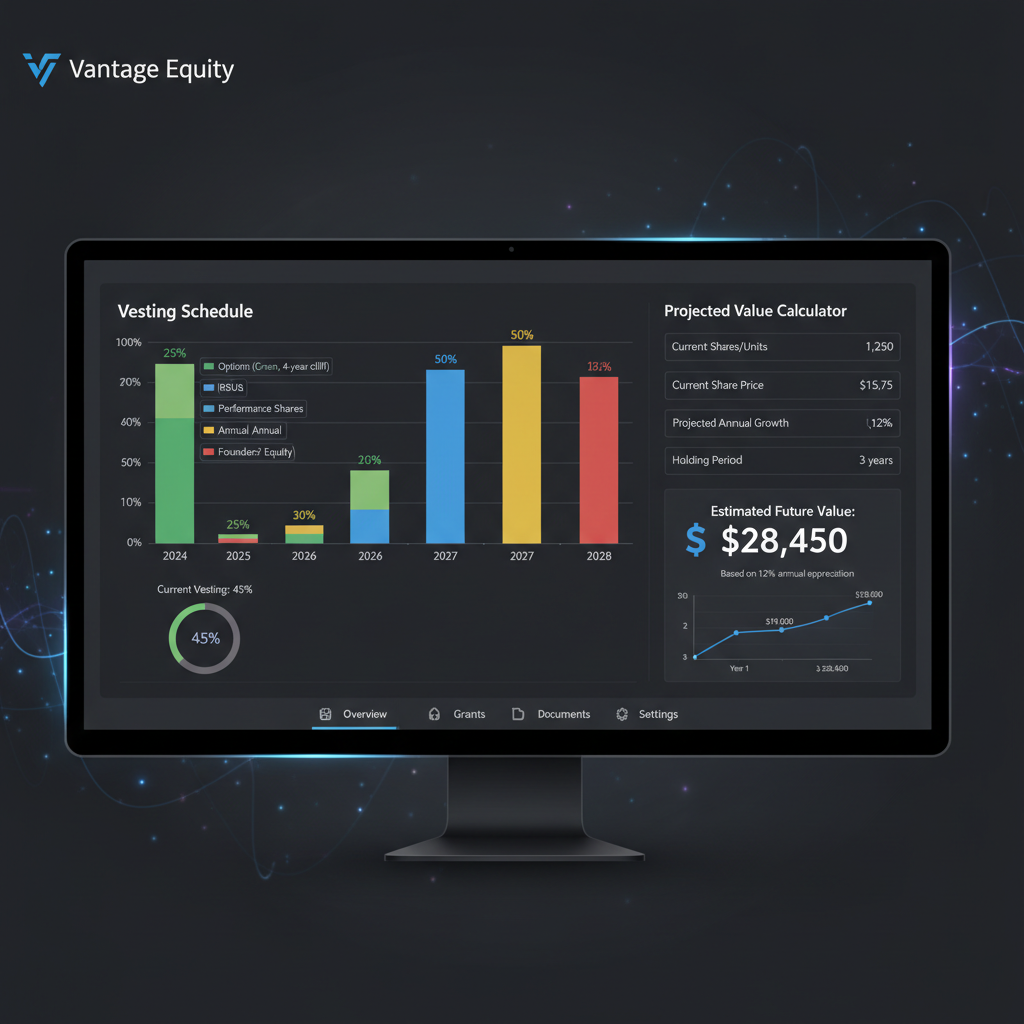 Vantage equity dashboard showing vesting schedule chart and projected value calculator on dark background