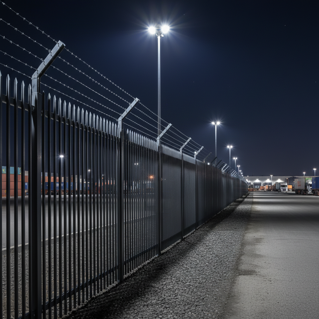 Industrial logistics park perimeter with tall steel palisade fence and electric fence strands at night under floodlights