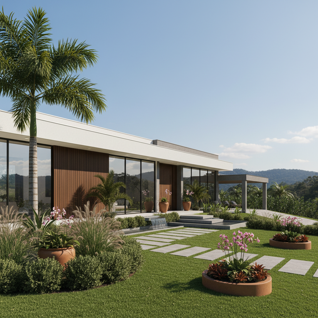 Well-maintained South Florida home with tile roof and tropical garden under bright blue sky