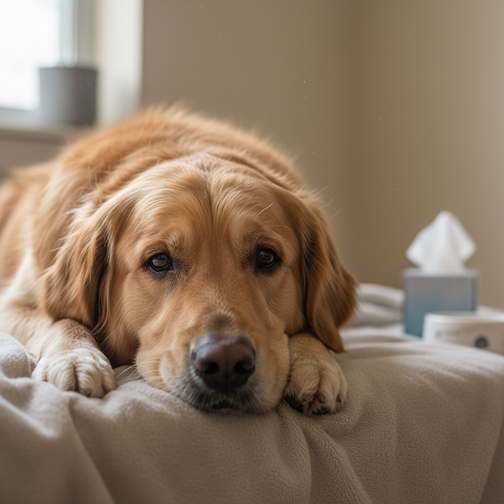 Golden retriever lying down looking unwell, potential vomiting symptom in dogs