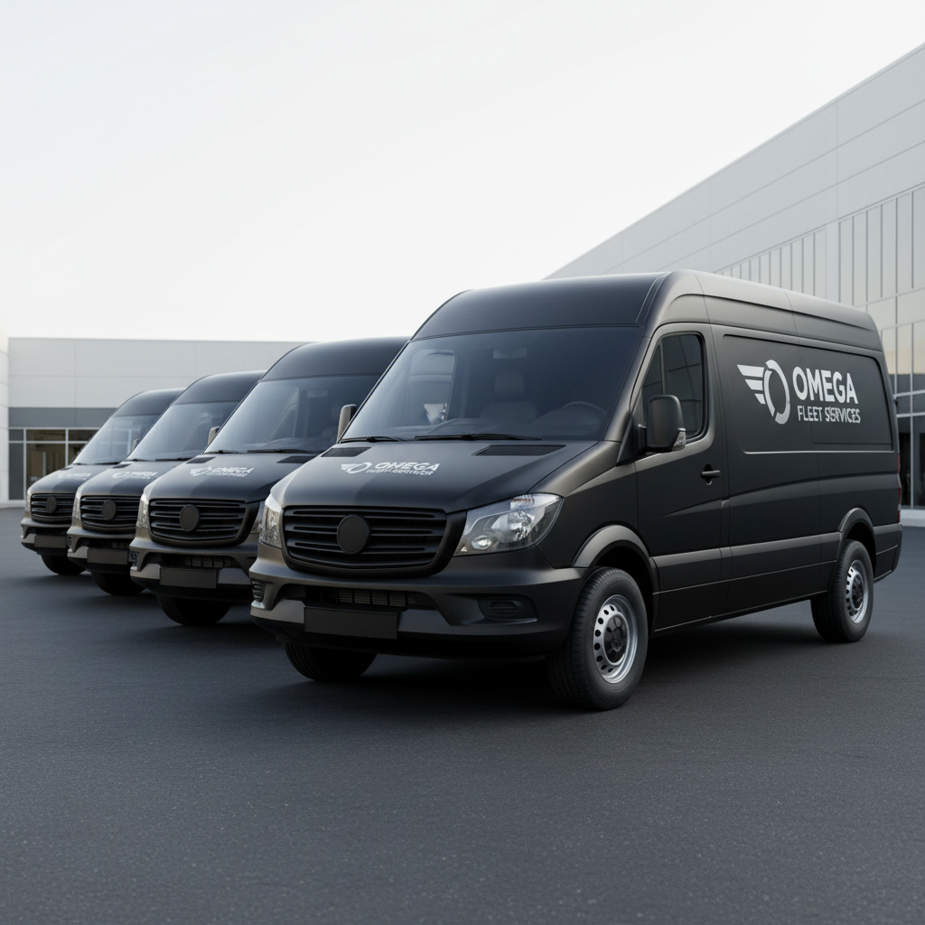 Fleet of black wrapped service vans with chrome delete and company logo graphics for HVAC company