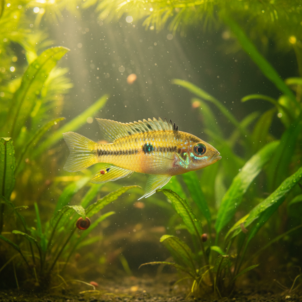 Yellow female apistogramma dwarf cichlid among green aquatic plants