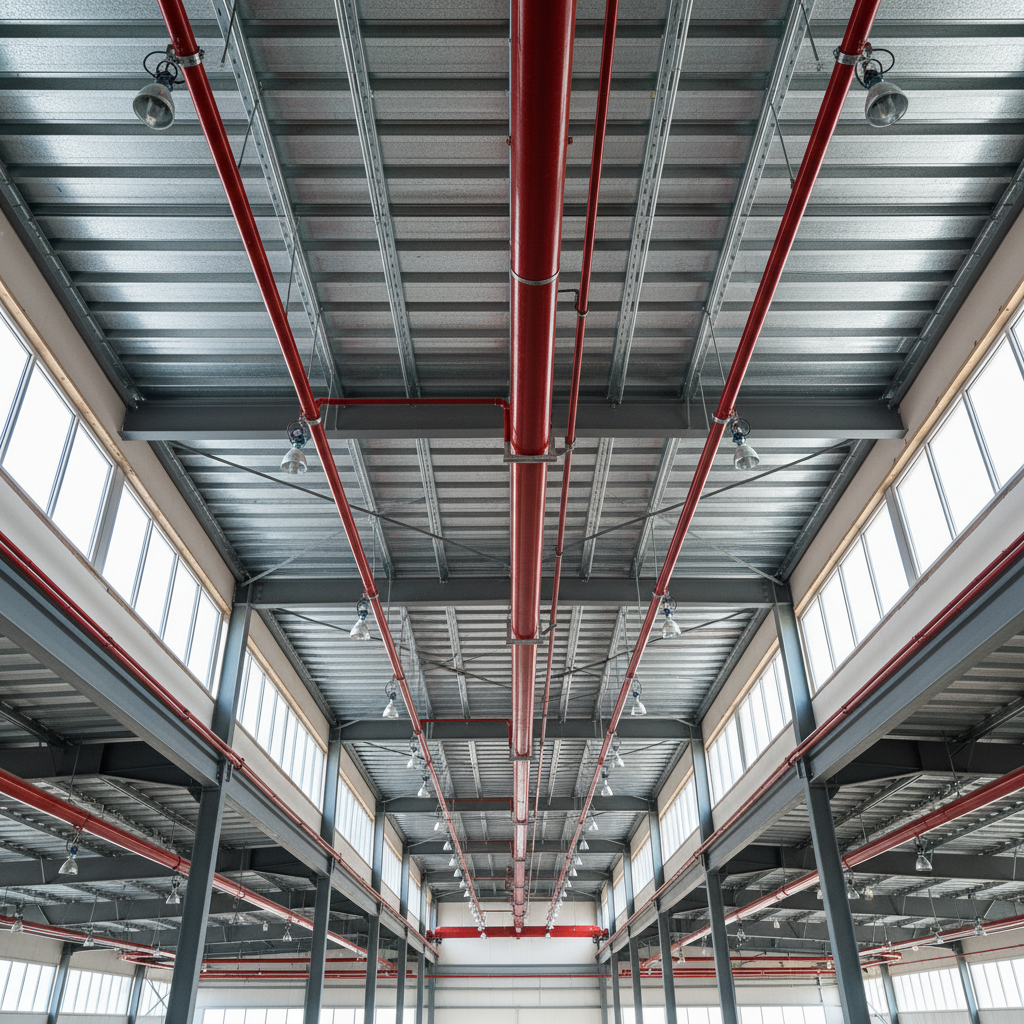 Wide-angle view looking up at warehouse ceiling with freshly installed red sprinkler mains running in parallel lines against corrugated metal decking, morning light through clerestory windows catching chrome pendant heads