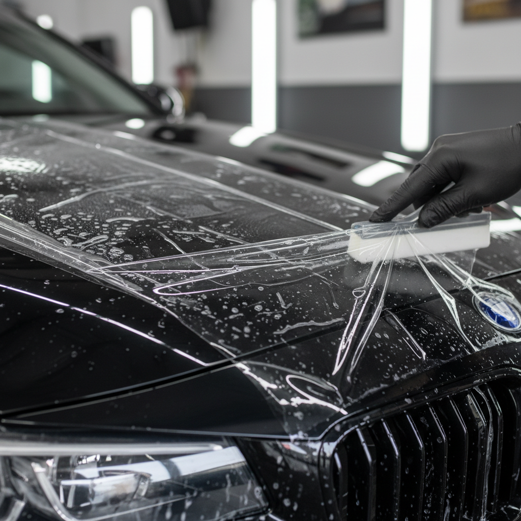 Professional applying clear paint protection film on luxury car hood, clean workshop, bright lighting