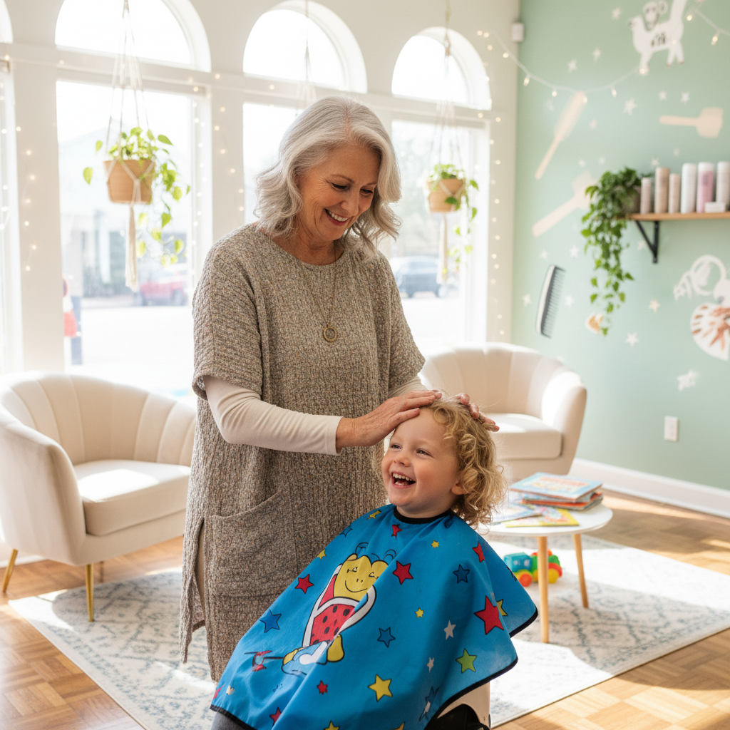 Senior stylistka s laskavým přístupem, vhodná pro dětské klienty, útulný salon