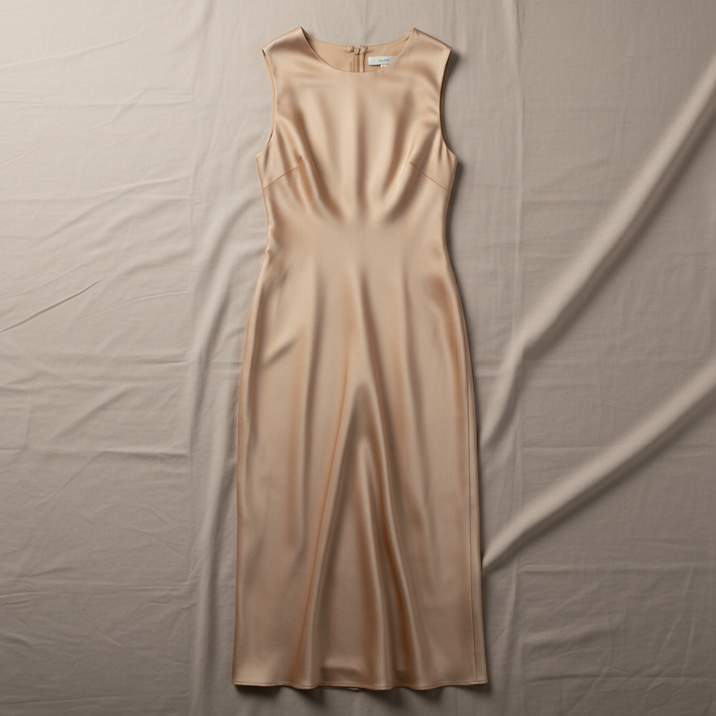 Silk drape midi dress back detail, sophisticated styling, luxury boutique aesthetic