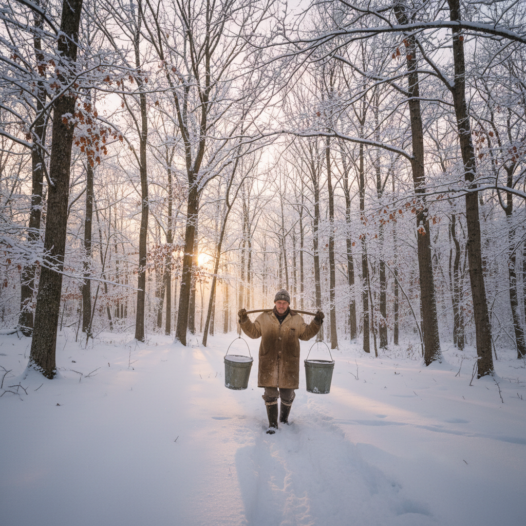 Farmer in canvas coat carrying two galvanized buckets through a snow-covered maple forest at dawn
