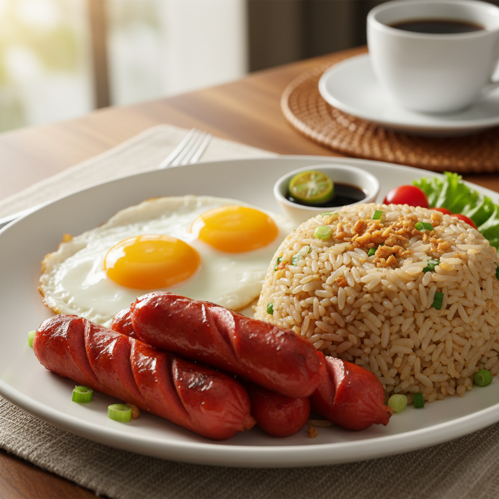 Hotsilog plate with hotdog, garlic fried rice, and fried egg