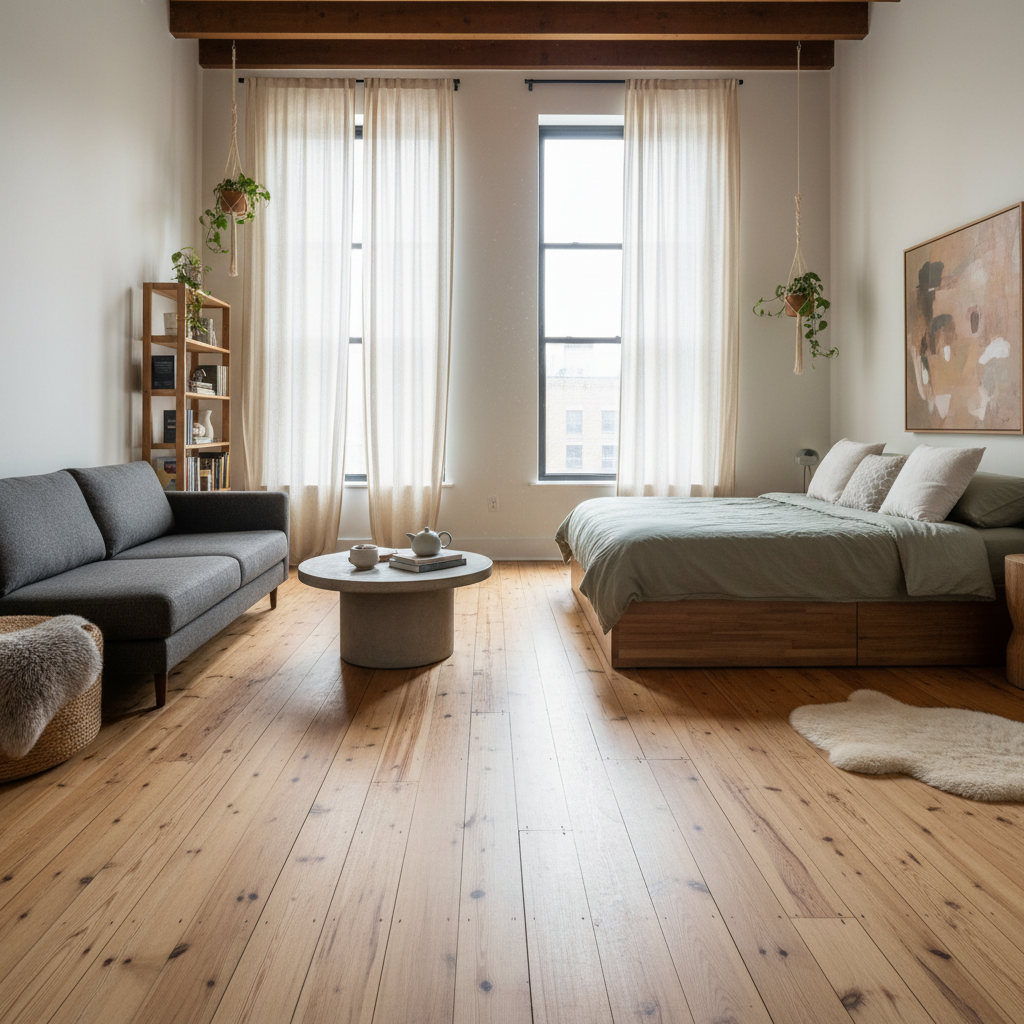 Cozy studio apartment with kitchenette, double bed and wooden flooring in warm lighting