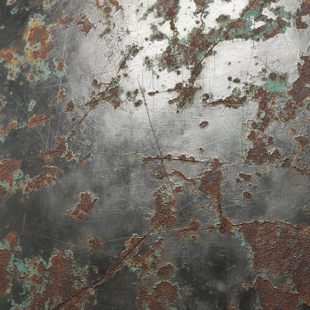 Close-up of metallic surface with scratches and oxidation detail showing PBR material layers