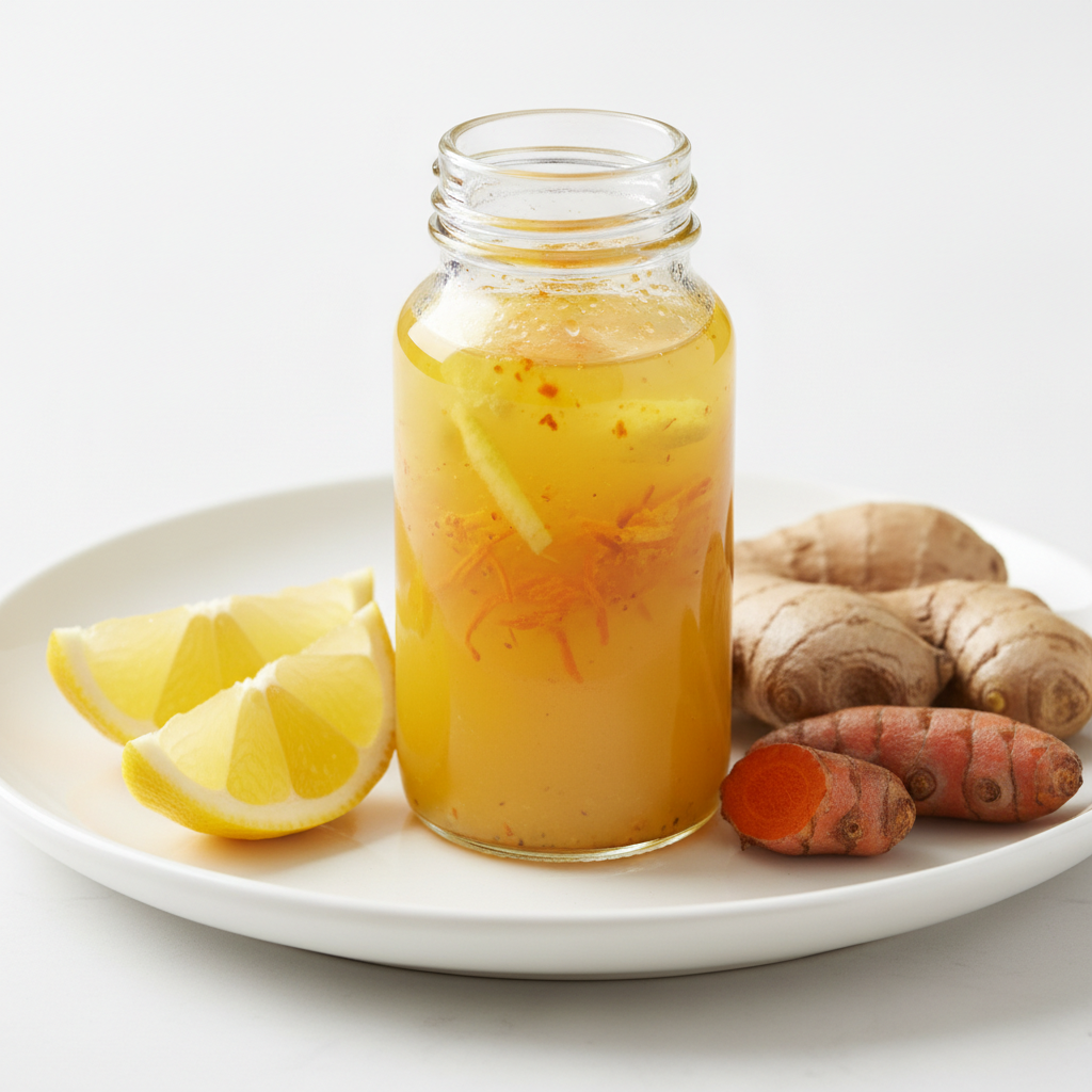 Golden turmeric ginger immunity shot in glass with fresh turmeric root and ginger pieces warm amber lighting organic