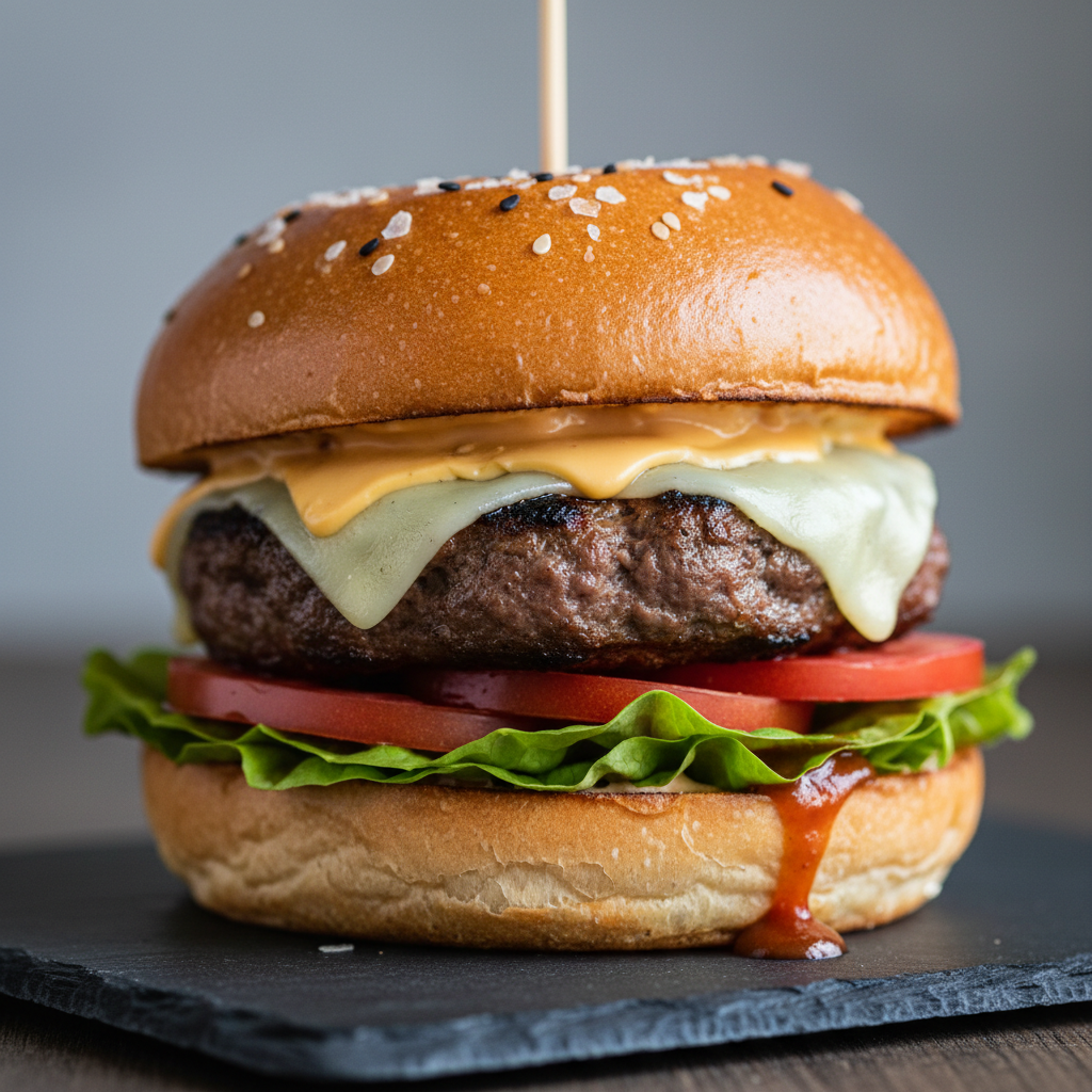 Atmospheric gourmet bunless burger with lettuce wrap, cheese, and bacon on dark slate board